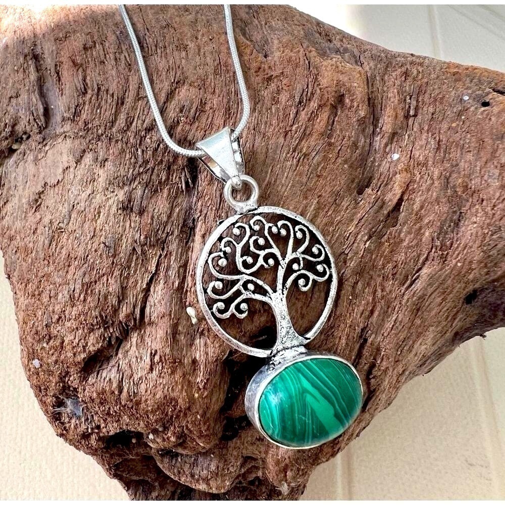 925 Sterling Silver Tree of Life Malachite Necklace gemstone Womens Jewelry boho